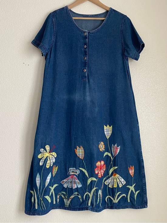 Vintage Dresses & Skirts - Vintage embroidered plaid patchwork garden butterfly denim dress with pockets, L